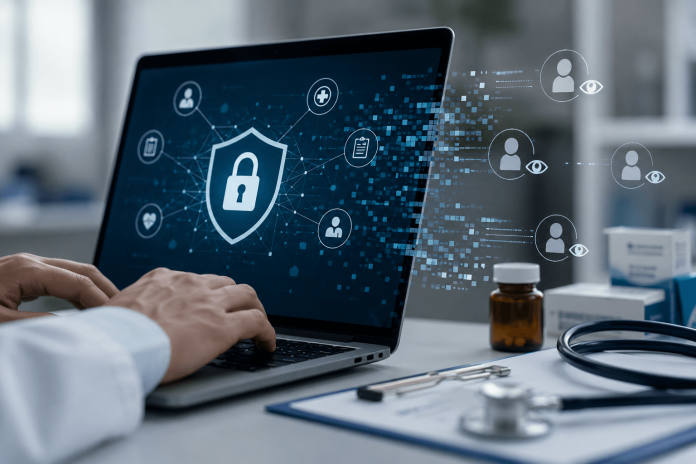 Pharma marketer reviewing healthcare tracking pixels, patient data privacy, and secure digital measurement on a laptop.