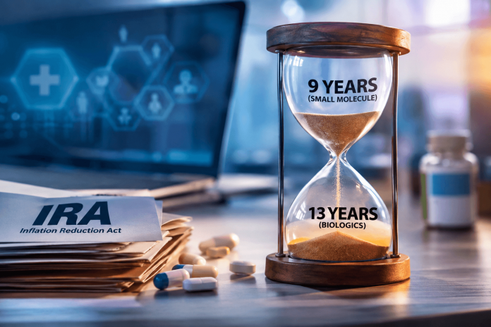 ira-small-molecule-marketing-nine-year-timeline Hourglass illustrating the IRA small molecule nine-year timeline compared with the 13-year biologics timeline for Medicare drug price negotiations.