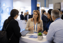 The Hidden Decision-Makers Reshaping Pharma Success Pharma professionals and healthcare practice decision-makers discussing patient access and workflow strategies at a medical conference.