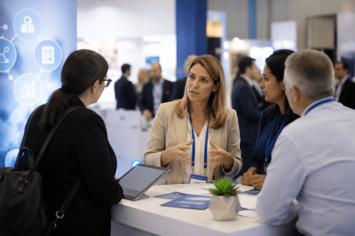 medical-conference-marketing-hidden-decision-makers Pharma professionals and healthcare practice decision-makers discussing patient access and workflow strategies at a medical conference.