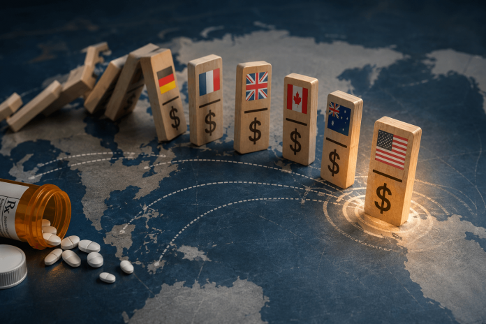 mfn-drug-pricing-global-pharma-domino-effect Global pharmaceutical pricing dominoes illustrate how MFN drug pricing in international markets could influence US drug prices and launch strategy.