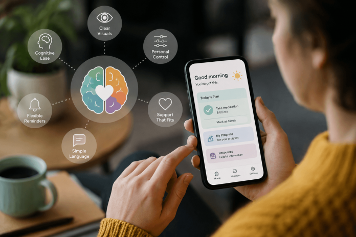 neuroinclusive-patient-app-ux-pharma-patient-support Patient using a neuroinclusive healthcare app with clear navigation, flexible reminders, and accessible patient support features.