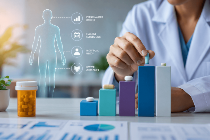 patient-persistence-strategy-flexible-dosing-pharma-marketing Healthcare professional reviewing a personalized medication dosing plan, illustrating flexible dosing strategies that support patient persistence and individualized treatment.