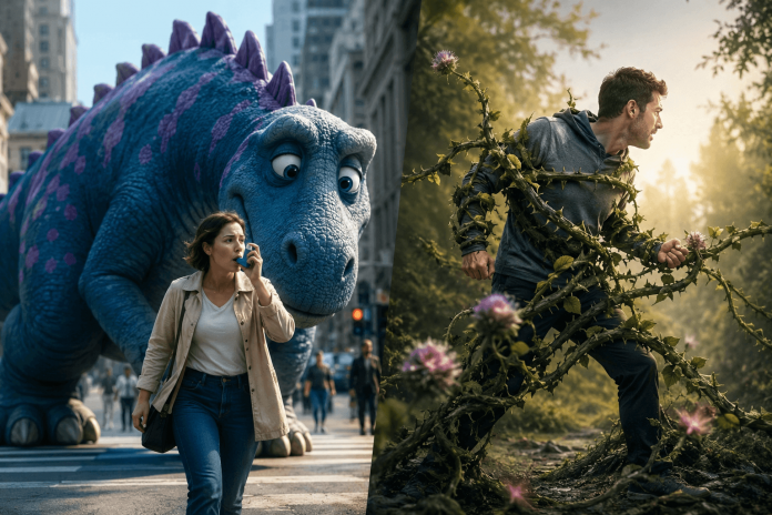pharma-cgi-advertising-visual-metaphors Pharma CGI advertising concept showing a dinosaur and invasive weeds as visual metaphors for asthma and chronic disease.