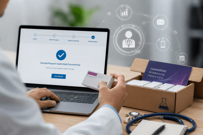 pharma-e-sampling-hcp-engagement Healthcare professional using a digital pharma e-sampling platform to request pharmaceutical product samples online.