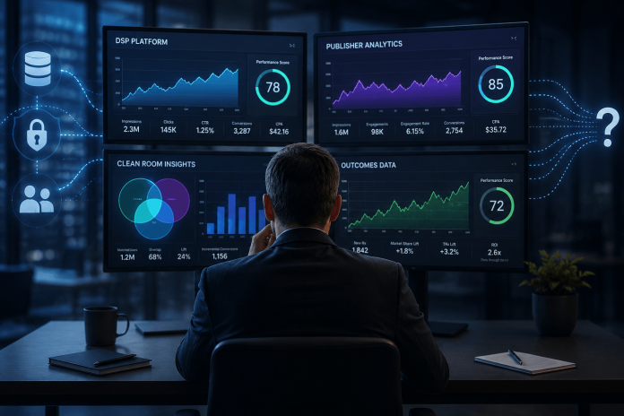 pharma-marketing-measurement-performance-data Pharma marketer comparing multiple campaign performance dashboards and measurement data sources