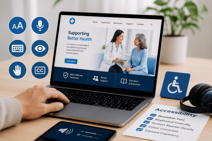 pharma-website-accessibility-patient-experience Patient using an accessible pharmaceutical website with features for readable text, keyboard navigation, captions, and screen readers.