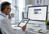 Why Physician Newsletters Could Become Pharma’s Most Influential Media Channel Physician reviewing a digital medical newsletter on a tablet in a modern clinic, illustrating physician newsletter marketing and pharmaceutical engagement with healthcare professionals.