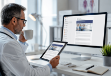 Why Physician Newsletters Could Become Pharma’s Most Influential Media Channel Physician reviewing a digital medical newsletter on a tablet in a modern clinic, illustrating physician newsletter marketing and pharmaceutical engagement with healthcare professionals.
