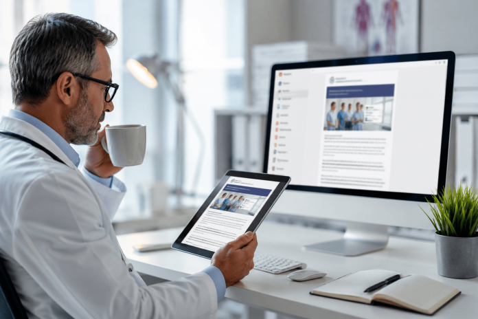 Physician reviewing a digital medical newsletter on a tablet in a modern clinic, illustrating physician newsletter marketing and pharmaceutical engagement with healthcare professionals.