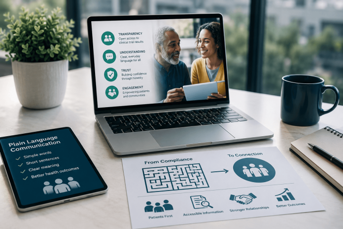 plain-language-marketing-compliance-patient-engagement Healthcare professional reviewing a plain-language clinical trial summary with a patient, illustrating how transparent communication strengthens trust, patient engagement, and pharmaceutical marketing.