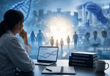 How Do You Market a Disease That Doesn’t Officially Exist? Researcher analyzing genetic data for an ultra-rare disease alongside physicians, DNA imagery, and patient silhouettes representing rare disease awareness and patient identification.