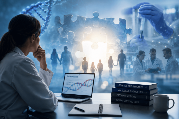 rare-disease-marketing-patient-identification-strategies Researcher analyzing genetic data for an ultra-rare disease alongside physicians, DNA imagery, and patient silhouettes representing rare disease awareness and patient identification.