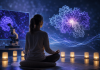 Regeneron Made Science Feel Like Meditation. That’s More Radical Than It Sounds. Researcher meditating in a laboratory while viewing immersive molecular imagery, representing pharma scientific storytelling.