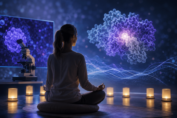 regeneron-pharma-scientific-storytelling-science-illuminated Researcher meditating in a laboratory while viewing immersive molecular imagery, representing pharma scientific storytelling.