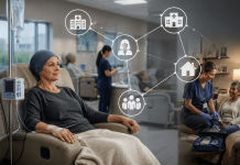 Who Controls the Infusion Chair Wins the Market: The New Reality of Specialty Pharma Specialty pharma patient receiving infusion therapy with connected hospital, clinic, and home care settings