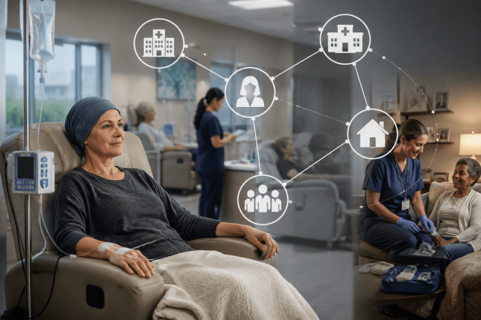 site-of-care-marketing-strategy-specialty-pharma-infusion Specialty pharma patient receiving infusion therapy with connected hospital, clinic, and home care settings