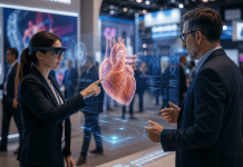 The VR Booth Is Dead: Spatial Computing for Pharma Marketing Pharma professionals using spatial computing to explore an interactive 3D anatomical model at a medical congress.