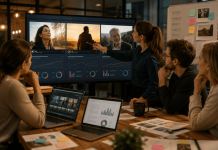 Before the $1 Million Shoot: Can “Faux Pharma” Make Real Campaigns Better? Pharma marketing team reviewing synthetic ad testing results and AI-generated campaign prototypes before production