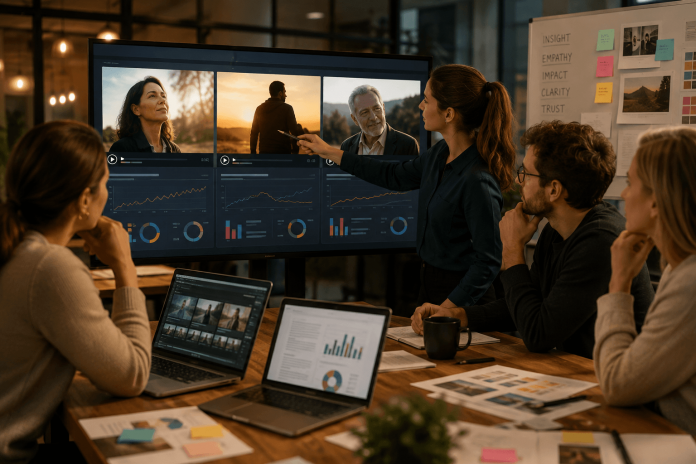 synthetic-ad-testing-pharma-campaign-preproduction Pharma marketing team reviewing synthetic ad testing results and AI-generated campaign prototypes before production