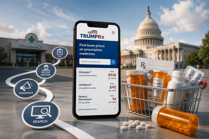 TrumpRx pharma marketing concept showing prescription drug discovery, pricing, pharmacy access, and the federal government’s role in the patient journey.