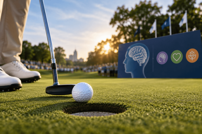 abbvie-purpose-driven-pharma-sponsorships-brain-health Golfer putting on a golf course with brain health imagery representing AbbVie’s purpose-driven PGA TOUR sponsorship.