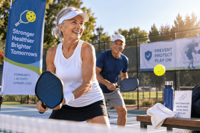 affinity-based-pharma-marketing-pickleball-older-adults Older adults playing pickleball, illustrating affinity-based pharma marketing that connects health and vaccine messaging with active lifestyles.