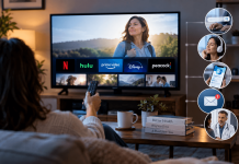 What Does a Pharma Campaign Look Like When Streaming Comes First? Patient watching streaming TV as part of an integrated connected TV pharma strategy across digital, search, audio, CRM, and HCP channels.