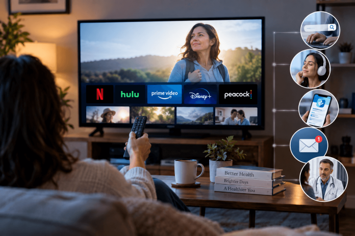 connected-tv-pharma-strategy-streaming-first Patient watching streaming TV as part of an integrated connected TV pharma strategy across digital, search, audio, CRM, and HCP channels.