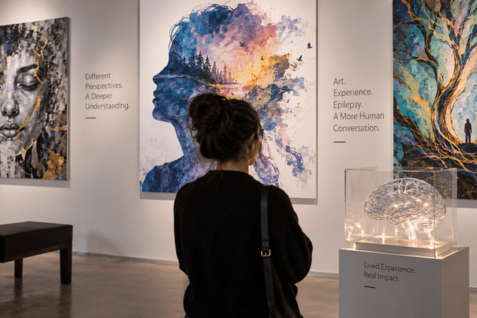 Visitor viewing epilepsy-inspired artwork in a gallery, illustrating experiential disease education through art and lived experience.
