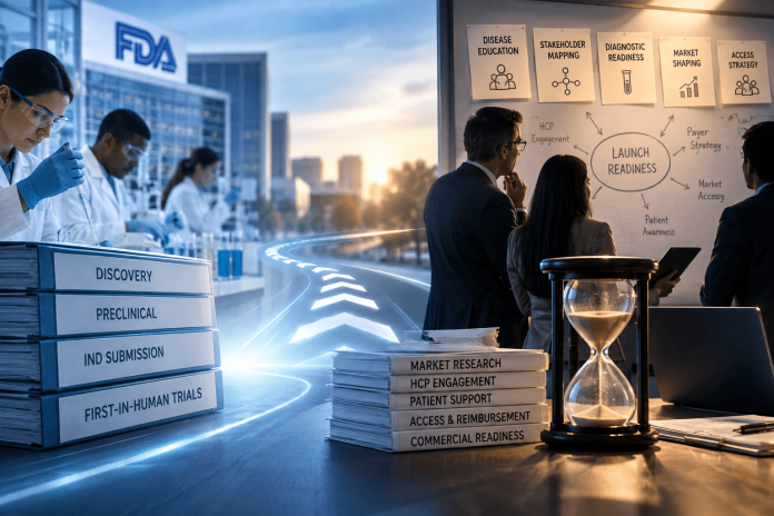 fda-expedited-ind-pre-launch-pharma-strategy Pharma researchers and commercial teams preparing for faster drug development and pre-launch market readiness.