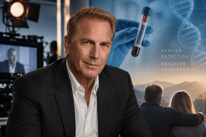 Kevin Costner representing a healthcare campaign focused on early cancer detection and celebrity credibility in pharma marketing