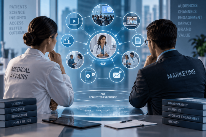 medical-affairs-omnichannel-strategy-marketing Medical Affairs and pharma Marketing professionals coordinating an omnichannel strategy for healthcare professional engagement