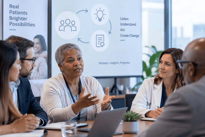 patient-engagement-in-pharma-patient-feedback Patient sharing feedback with pharmaceutical and healthcare professionals during a patient engagement meeting.