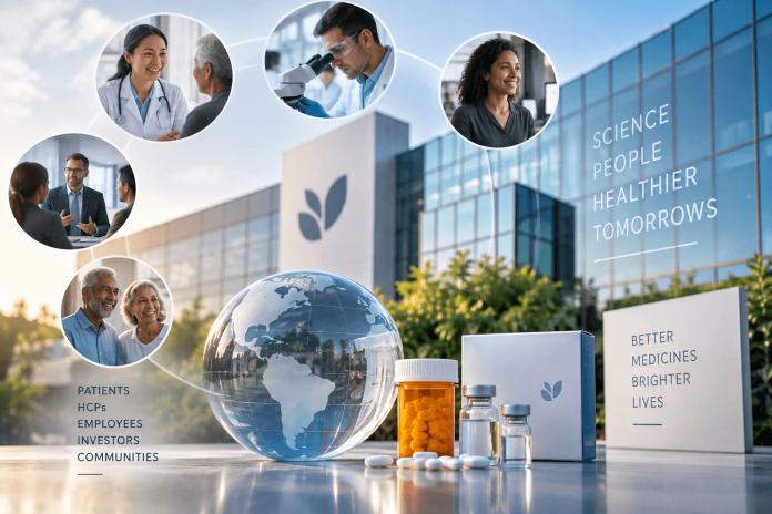 Pharmaceutical company headquarters representing pharma corporate branding, corporate reputation, patient trust, and medicine brand strategy.