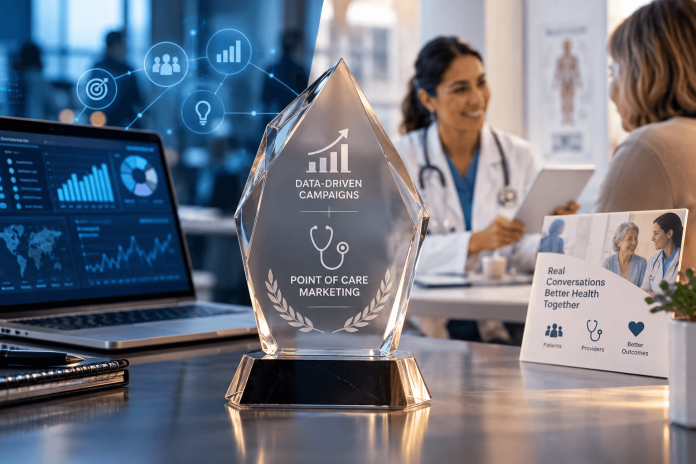 pharma-marketing-trends-data-point-of-care-awards Pharma marketing trends represented by data analytics, point-of-care healthcare engagement, and pharmaceutical marketing awards.