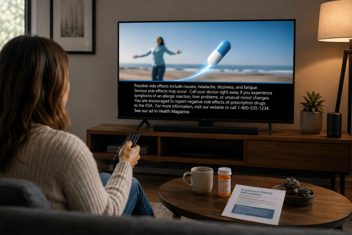 Consumer watching a pharma TV advertisement with prescription drug safety and risk information displayed on screen.