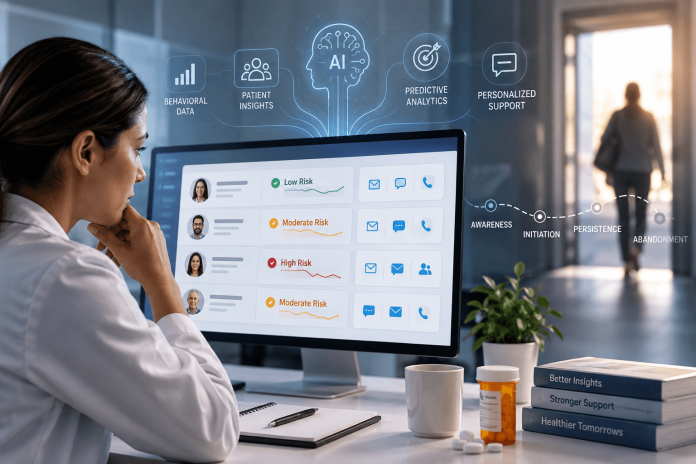 Healthcare professional using AI-powered predictive adherence analytics to identify patients at risk of therapy abandonment.