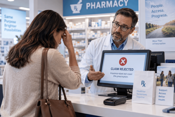 prescription-abandonment-strategy-pharmacy-claim-rejection Patient discussing a rejected prescription claim with a pharmacist at the pharmacy counter.