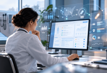 The EHR Is Becoming Programmatic Media. Pharma Buyers Should Pay Attention. Physician reviewing EHR data and connected programmatic healthcare advertising insights on a digital screen