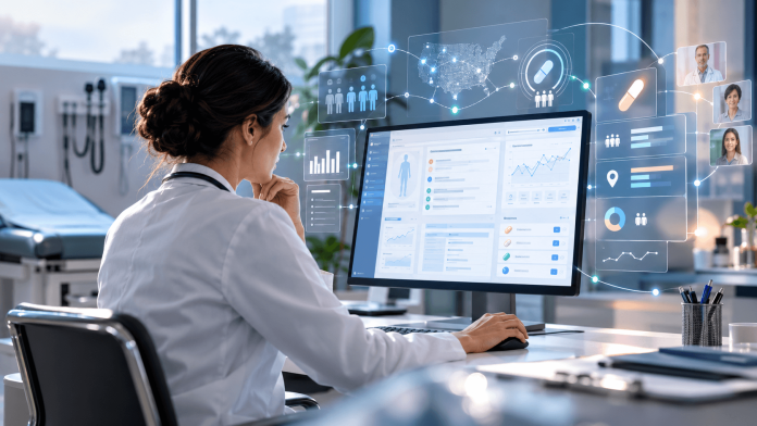 programmatic-point-of-care-advertising-ehr Physician reviewing EHR data and connected programmatic healthcare advertising insights on a digital screen