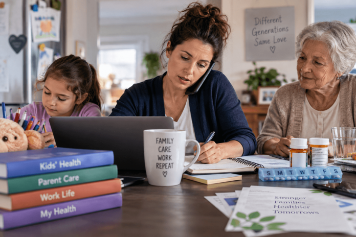 sandwich-generation-caregivers-pharma-marketing Sandwich generation caregiver balancing work while caring for a child and an aging parent at home