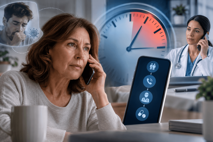 Patient contacting a healthcare professional after possible COVID-19 exposure, illustrating time-sensitive patient marketing and rapid HCP engagement.