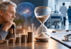AbbVie Isn’t Just Selling the Benefit of Treatment. It’s Putting a Price on Waiting. Older man with Parkinson's disease beside an hourglass, rising healthcare costs, and a hospital setting, illustrating the financial impact of delayed treatment.