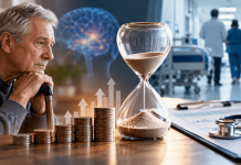 AbbVie Isn’t Just Selling the Benefit of Treatment. It’s Putting a Price on Waiting. Older man with Parkinson's disease beside an hourglass, rising healthcare costs, and a hospital setting, illustrating the financial impact of delayed treatment.