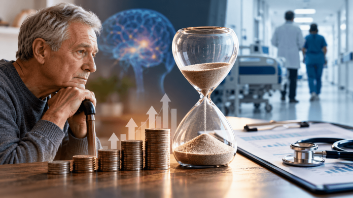 abbvie-cost-of-treatment-delay-parkinsons Older man with Parkinson's disease beside an hourglass, rising healthcare costs, and a hospital setting, illustrating the financial impact of delayed treatment.
