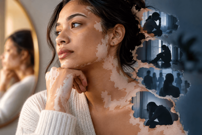abbvie-vitiligo-hidden-disease-burden-marketing Woman with vitiligo looking thoughtfully into the distance, with shadowy scenes representing anxiety, depression, and isolation, highlighting the hidden emotional burden of the condition.