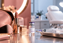 When a Prescription Injectable Starts Looking Like Lipstick, Where Does Beauty Marketing End? Lipstick, makeup brushes, and a prescription injectable vial displayed together, illustrating the blurred lines between beauty advertising and aesthetic pharma marketing.