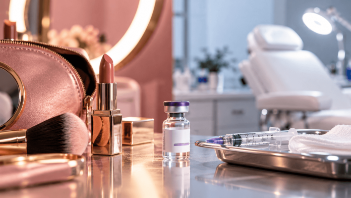 Lipstick, makeup brushes, and a prescription injectable vial displayed together, illustrating the blurred lines between beauty advertising and aesthetic pharma marketing.