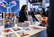 Why Is Patient Art Sitting at an ADC Conference? Invenra Thinks B2B Marketing Needs More Humanity. Patient-inspired artwork displayed on playing cards at a biotechnology conference, illustrating Invenra's human-centered approach to B2B life sciences marketing.